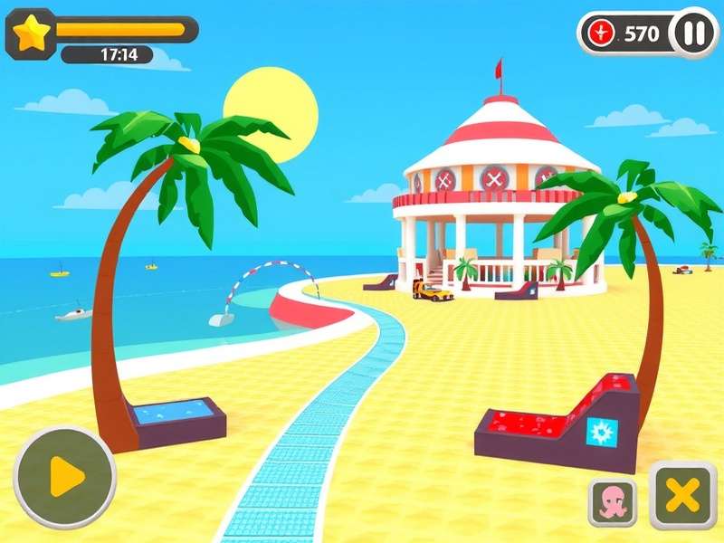 Pixel Gun 3D Beach Music mode banner showing beach map with musical notes and sunset